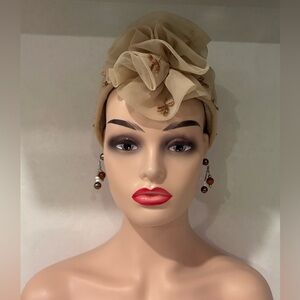 Vintage 60s Style Cream Chiffon Turban Hat Gold Beaded Insect Bee Detail